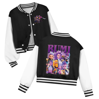 Kids KPop Demon Hunters-themed black and white varsity jacket with RUMI character print for boys and girls spring autumn casual wear