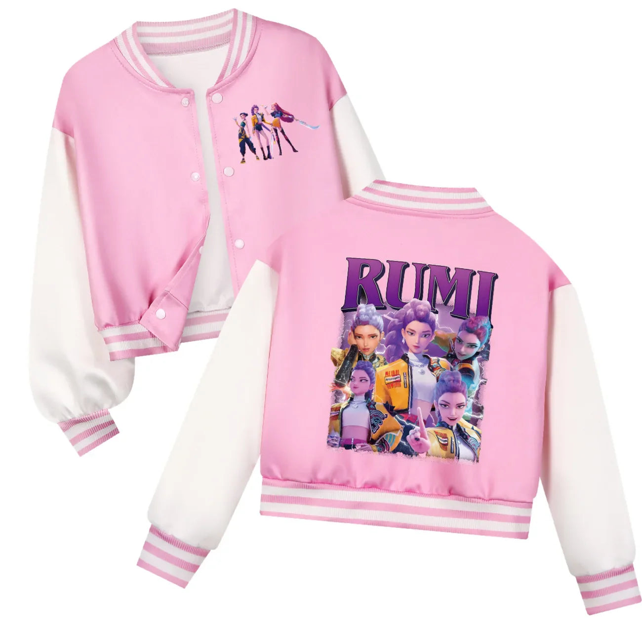 Kids KPop Demon Hunters baseball uniform jacket for boys and girls in pink and white with character prints and RUMI text on back
