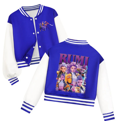 Kids KPop Demon Hunters varsity baseball jacket with colorful character print for boys and girls