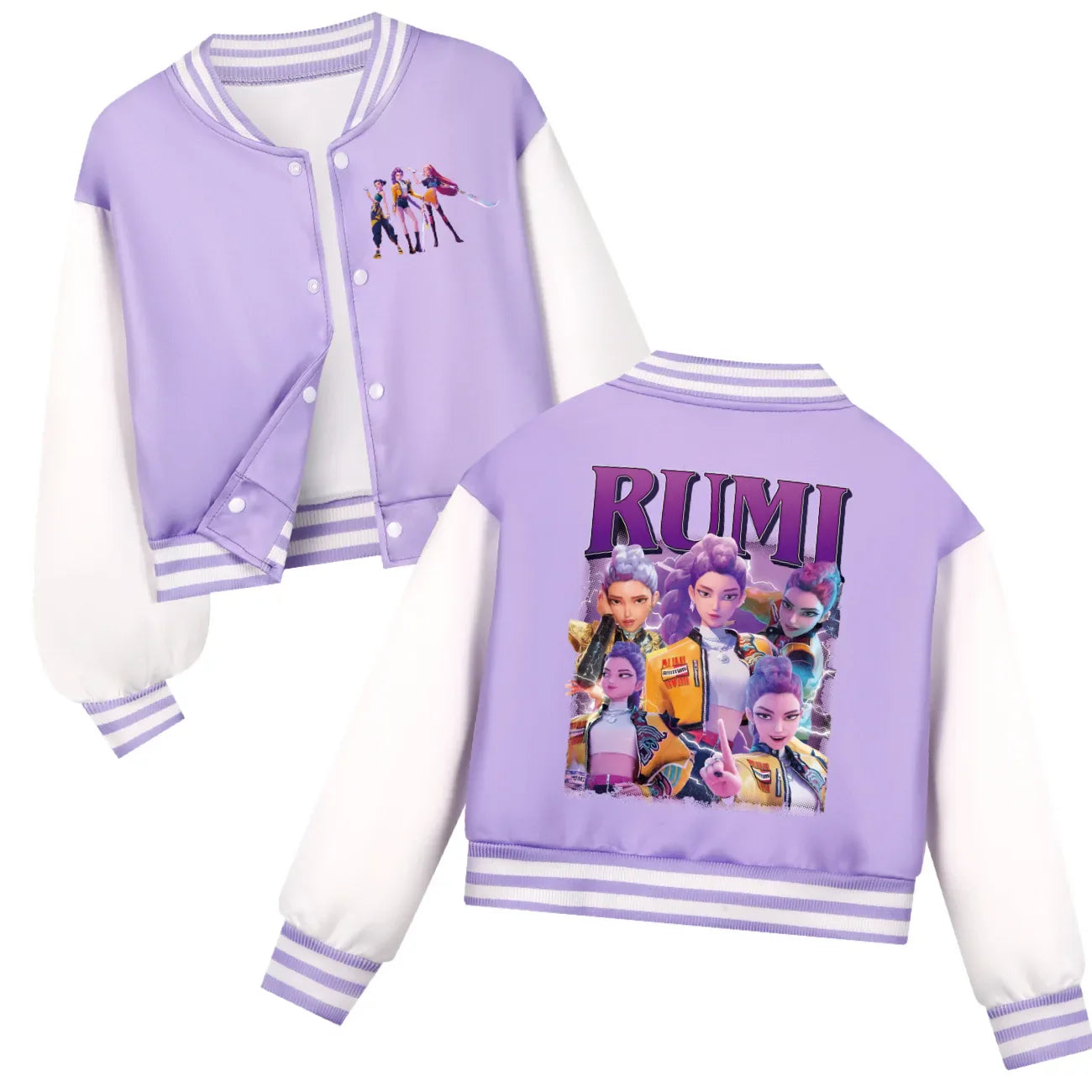 Kids KPop Demon Hunters purple and white varsity jacket with cartoon character prints for boys and girls spring autumn hoodie costume