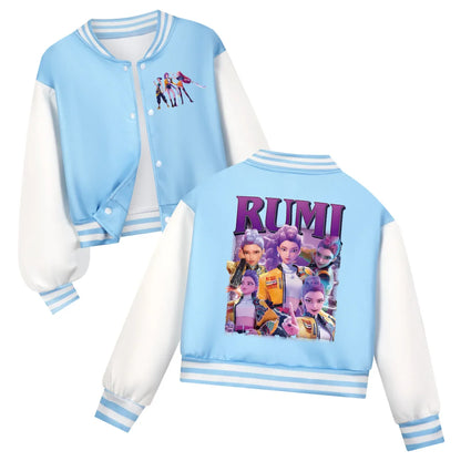 Kids KPop Demon Hunters Huntrix blue and white baseball jacket with character prints for boys and girls