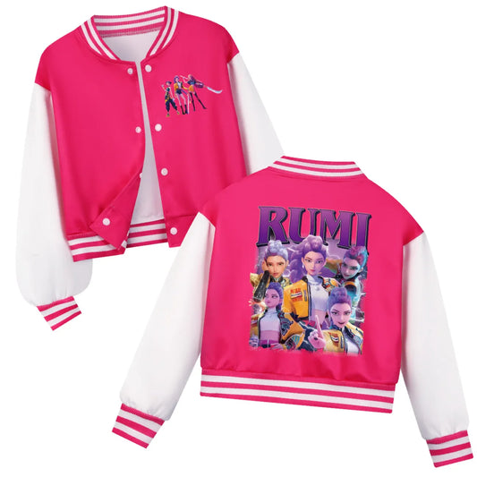 Kids KPop Demon Hunters pink and white baseball jacket with RUMI character print for boys and girls spring autumn costume