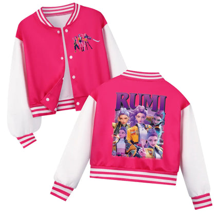 Kids KPop Demon Hunters Huntrix pink and white baseball jacket with character prints for boys and girls spring autumn casual costume