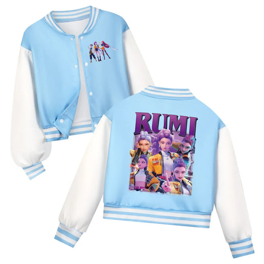 Kids KPop Demon Hunters blue and white kids varsity jacket with cartoon characters and RUMI text on the back